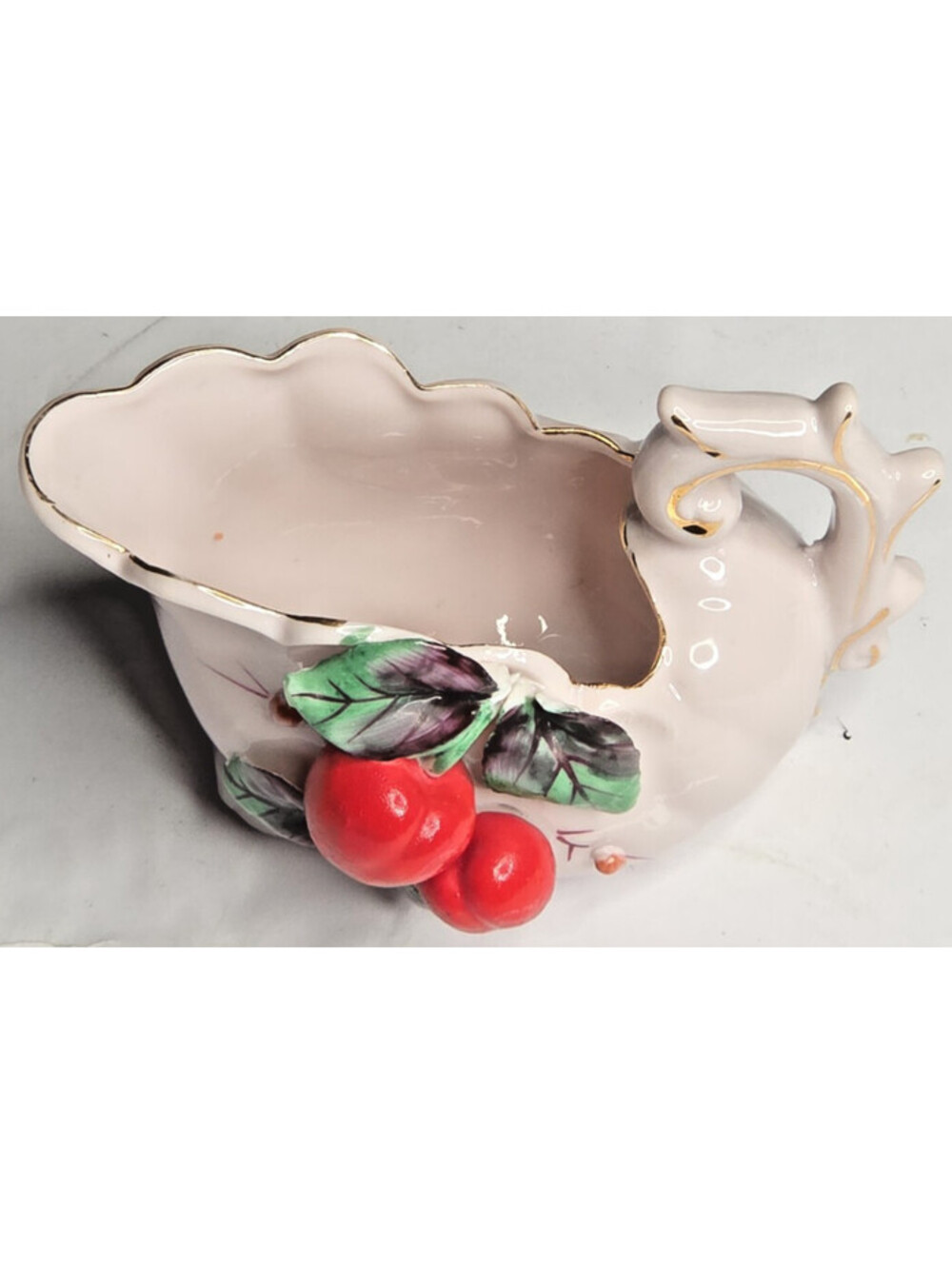 Vintage RELCO Japan Pink Swan Planter Cherries Gold Trim Hand Painted